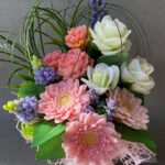 Bouquet of soap flowers: Pink Gerber Daisy, White Roses, Pink Carnations, Hyacinths. Soap Flowers