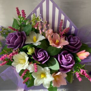 Soap Flowers Purple Roses and White Lilies. Handmade Soap Flower Bouquet