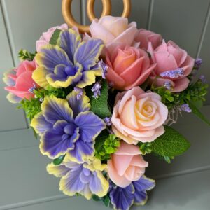 anniversary gift – a handcrafted soap flower bouquet with roses & orchids.