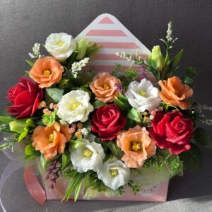 Soap Flower Bouquet: Red Roses and Lisianthus