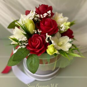 Luxury Gift for Her – A handcrafted soap flower bouquet with red roses and greenish lilies.