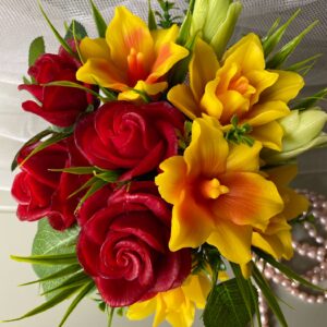 Personalised Gift – Soap Bouquet Red Roses & Yellow Lilies