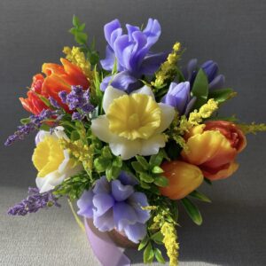 Spring Soap Flowers. Includes vibrant red and yellow tulips, delicate lilac-hued irises, and classic golden-centred daffodils