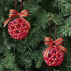 Red beaded sparkle Christmas bauble – handmade UK ornament for festive tree decor