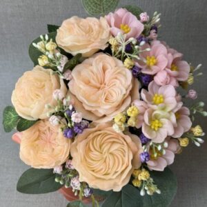 Handmade soap flower bouquet with roses, apple blossoms and greenery – long-lasting gift alternative to fresh flowers