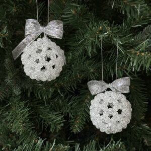 White beaded Christmas bauble handmade in the UK – Frozen style holiday ornament 6cm