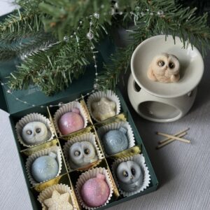 Christmas wax melt gift set with soy melts shaped as owls, baubles and snowflakes in a green festive gift box – perfect owl gift for her