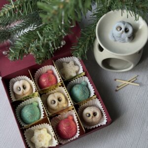 Handmade Christmas wax melts in owl and bauble shapes with Christmas Spice scent