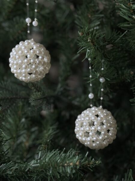 White pearl Christmas bauble – luxury handcrafted beaded tree ornament for elegant festive décor in the UK