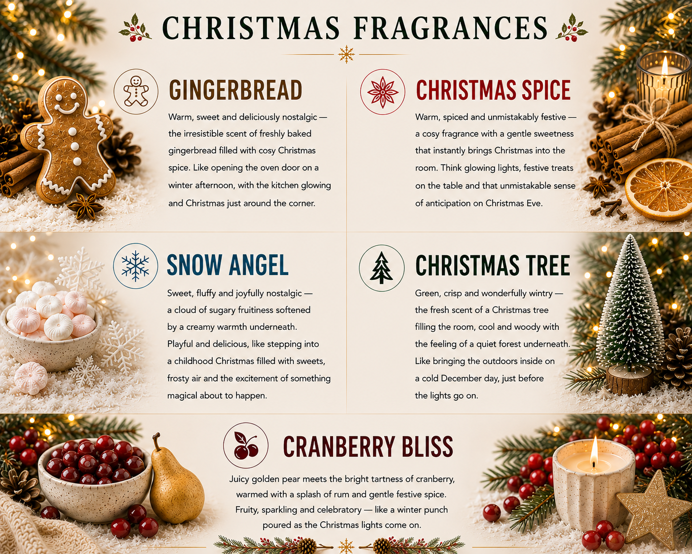 Christmas candle fragrance guide – Gingerbread, Christmas Spice, Snow Angel, Christmas Tree and Cranberry Bliss