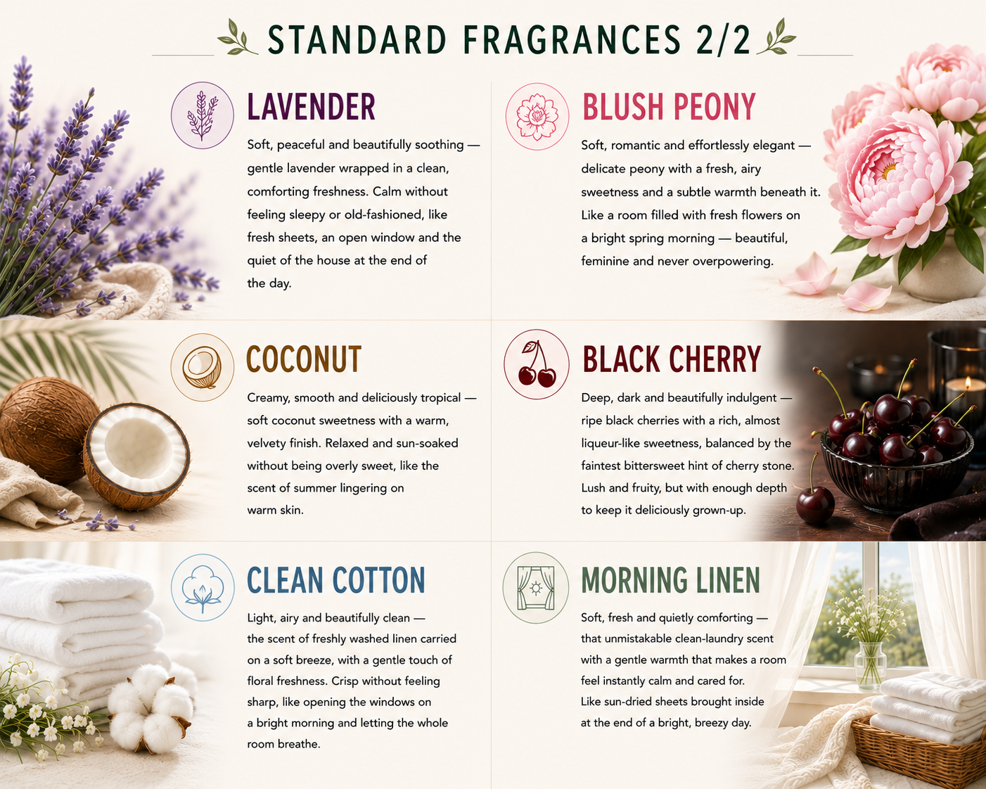 Candle fragrance guide – Lavender, Blush Peony, Coconut, Black Cherry, Clean Cotton and Morning Linen